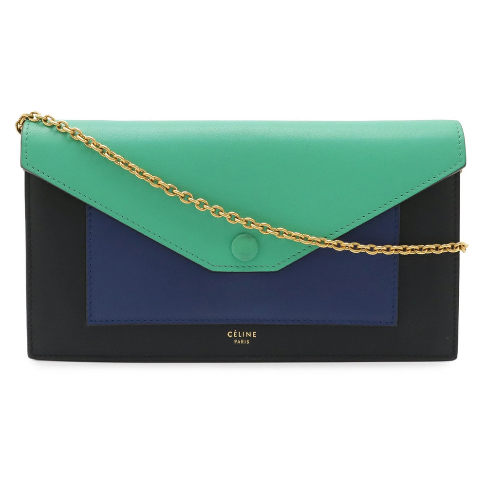 Celine Pocket Flap Chain Wallet Shoulder Bag Leather Black Green Blue